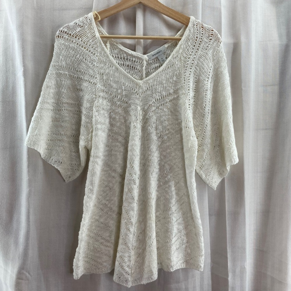 Dressbarn White Knit V Neck Dolman Sleeve Sweater Top M Crochet Lace‎ Boho Beach
